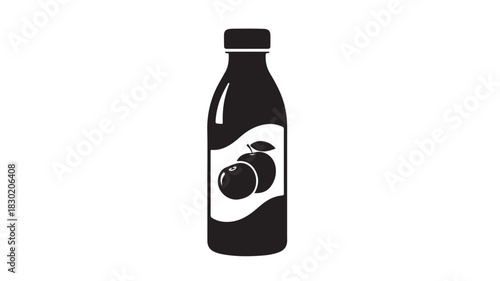Black and white vector illustration of a juice bottle featuring an orange label isolated on a white background