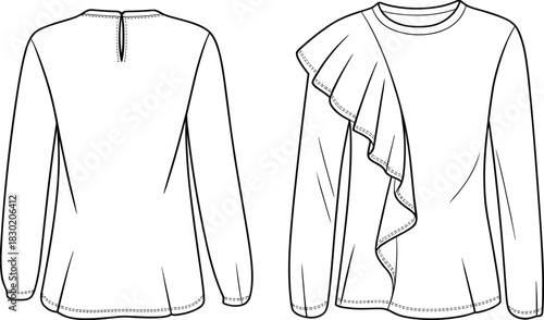 Women's long-sleeve peplum blouse fashion illustration technical CAD drawing with cascading diagonal chest ruffle detail flat vector, front and back.