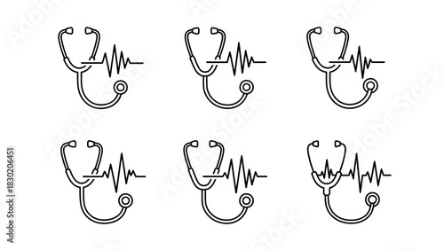 Seamless pattern of stylized stethoscopes intertwined with heartbeat lines on white backdrop
