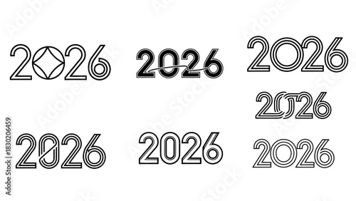 Set of creative 2026 new year designs showcasing different typography styles for graphic design