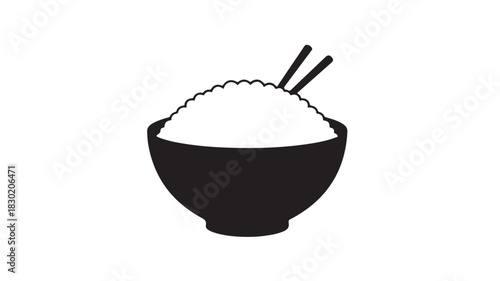 Bowl of rice with chopsticks simple black and white vector illustration isolated on white background
