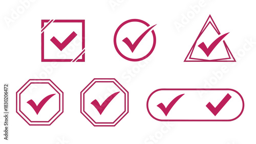 Set of Geometric Shapes with Check Mark Symbols for Approval Concepts and Designs