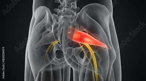 Piriformis Muscle Compressing Sciatic Nerve, A Detailed 3D Medical Illustration of Human Hip Anatomy, Explaining Sciatica Pain