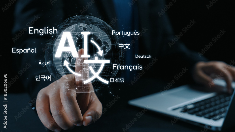 Fototapeta premium Global communication with multiple languages, digital translation tools, multilingual technology, cross-cultural communication, and virtual language learning environments. Elide