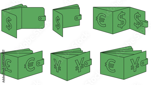 Stylized green wallets with international currency symbols representing global finance