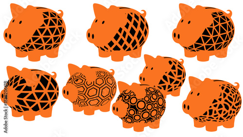 Stylized orange piggy banks with geometric patterns symbolize saving and finance