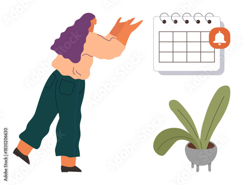 Woman interacting with a calendar featuring a reminder bell, complemented by a leafy potted plant. Ideal for time management, organization, workplace productivity, planning, personal growth