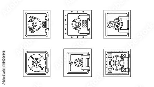 Variety of safe designs, a collection of bank vault doors presented in line art style