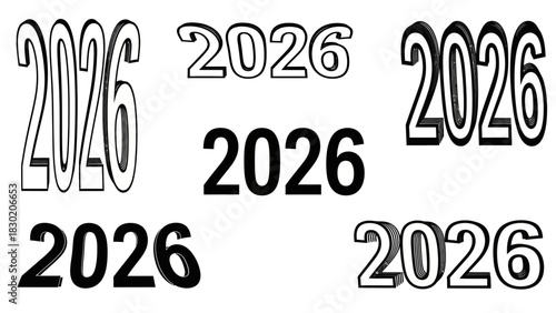 Various graphical representations of the year 2026 in black and white design