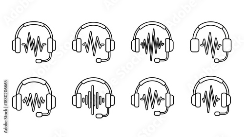 Various Line Art Headphone Icons with Sound Waves for Audio and Communication
