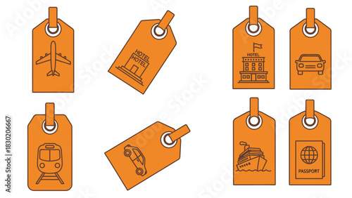 Travel theme luggage tags featuring hotel, car, cruise ship, plane, train and passport