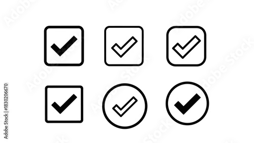 Various check mark icons in square and circle frames for graphic design purpose