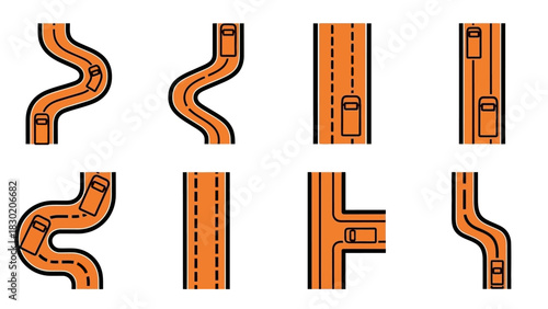 Various road scenarios with vehicles in vector format presenting traffic situations