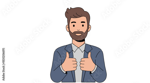 Illustration of a man showing a happy face, and a gesture of encouragement showing support and sharing positive emotions, with a thumbs up hand gesture, flat illustration on white background.