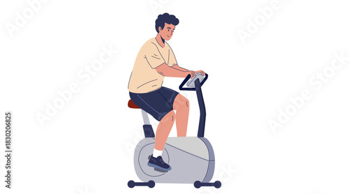 Person training endurance on stationary bicycle trainer, simulator. Happy man doing cardio exercise. Stamina workout. Flat vector illustration isolated on white background