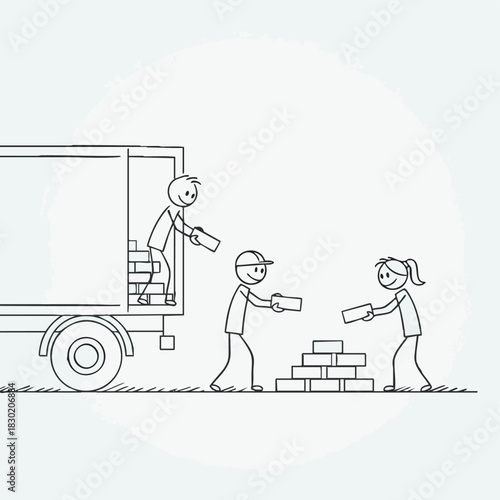 Cartoon construction workers unloading bricks from a truck, collaboratively building a wall, teamwork and building concept.