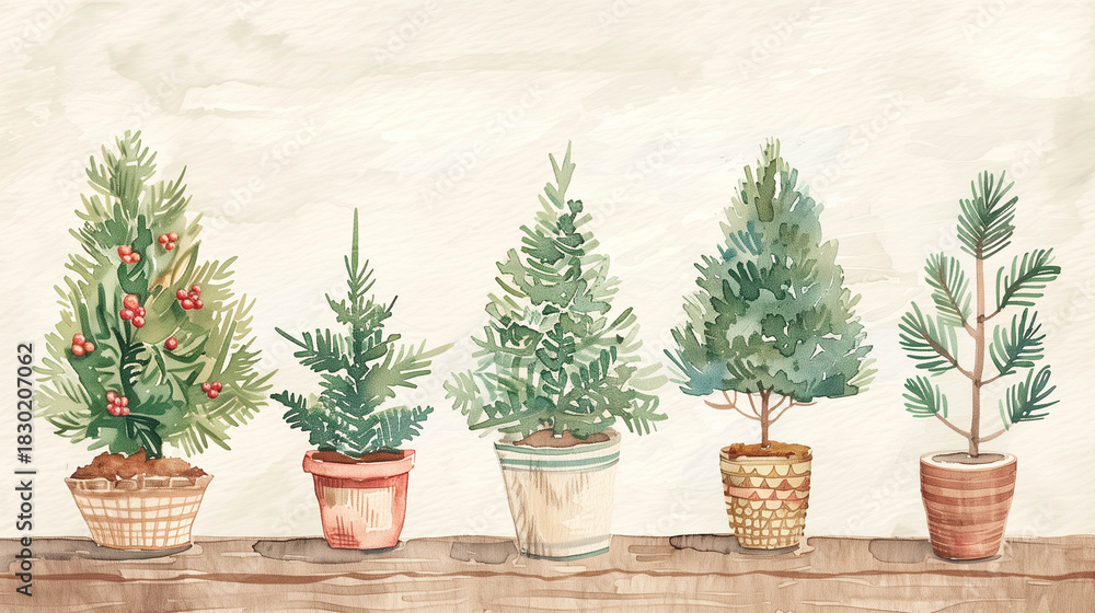 Fototapeta premium Watercolor illustration of five potted Christmas trees arranged on a rustic wooden table