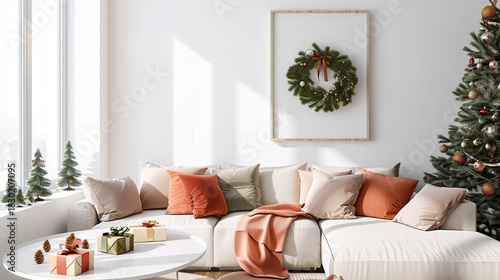 Festive Christmas living room with red accent pillows, holiday wreath, and decorated tree