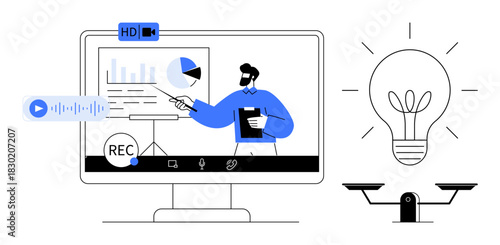 Educator presenting data charts during online webinar with tools for recording and live-streaming. Ideal for education, business learning, creativity, innovation, technology, digital collaboration