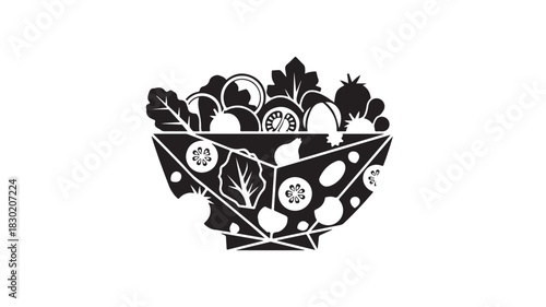Stylized salad bowl vector illustration healthy food concept simple black and white design isolated on white