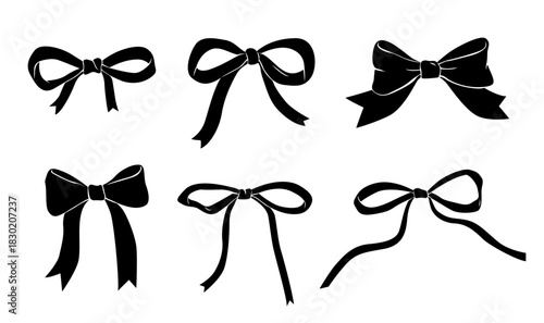Elegant bows silhouettes isolated. Black and white clip art. Vector illustration.