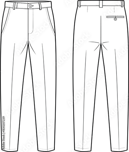 Men's tailored high-waist classic trousers fashion illustration technical CAD drawing flat vector template for garment design and apparel presentation, front and back view.