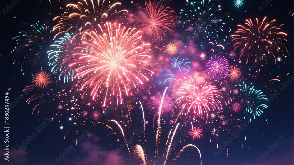 Fototapeta premium Dark night sky filled with colorful fireworks exploding beautifully, no people or objects