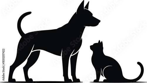 Black silhouette of a dog standing next to a sitting cat