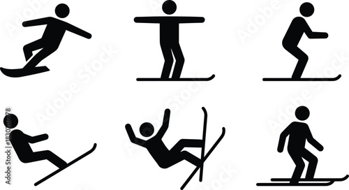 Black and white vector icon set illustrating various winter sports activities including snowboarding, skiing, and falling, isolated on a clean white background, depicting cold .
