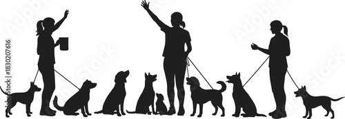 Dog training group session, obedience practice with multiple dogs, professional trainers guiding pets, teamwork discipline, canine behavior control, outdoor activity illustration