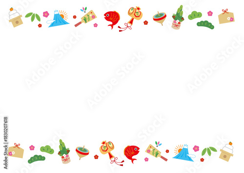 お正月のカラフルな縁起物上下フレーム