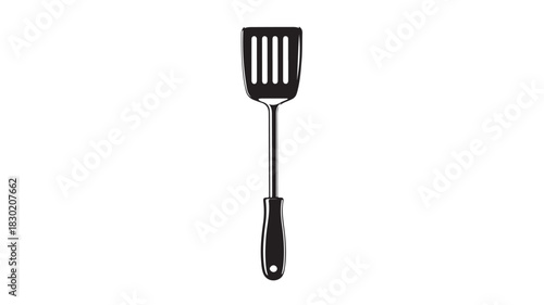 Slotted spatula kitchen utensil in black and white vector illustration isolated on white background