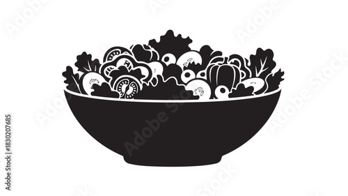 Black and white vector illustration of a salad bowl healthy eating concept isolated on white background