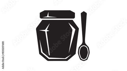 Black and white jam jar with spoon vector illustration simple flat design element isolated on white background