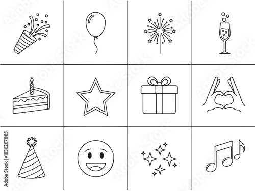Celebration Icons Ensemble. Celebration Highlights linear icon set. confetti, balloon, fireworks, champagne glass, cake, star, gift box, heart hands, party hat, smiley emoji