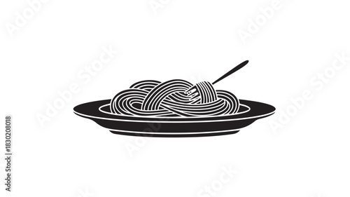 Spaghetti on a plate with a fork simple black and white vector illustration isolated on white background