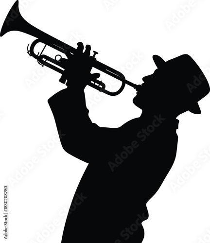 Black silhouette of a man playing a trumpet wearing a fedora