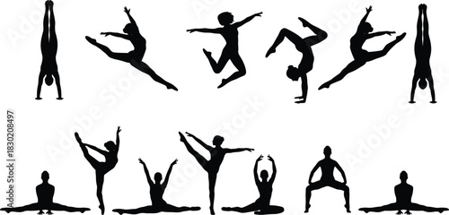 Gymnastics, Ballet, and Yoga Silhouettes: Dynamic collection of women and girl dancers practicing stretching, splits, jumps, and handstands for health and fitness.