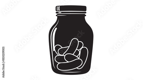 Black and white vector illustration of a medicine bottle with capsules simple line art style isolated on white background