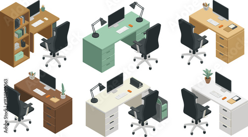 Isometric illustration set of modern office desk workstations with computers, chairs, accessories, storage units and organized workspace layouts for business environments