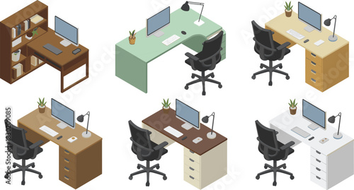 Isometric illustration set of modern office desk workstations with computers, chairs, accessories, storage units and organized workspace layouts for business environments