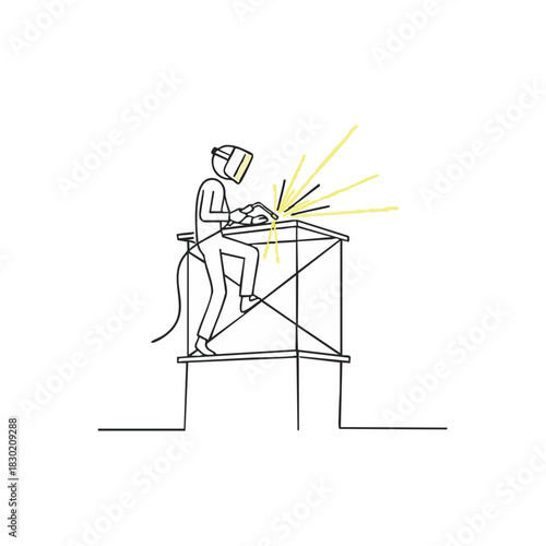An illustration depicts a welder working atop scaffolding, sparks flying as they join metal pieces with focused precision and skill in a construction setting.