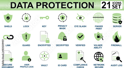 Cybersecurity and Data Protection Icon Set; Digital Privacy, Network Security, Encrypted, Firewall, Server, Fingerprint, Lock, Shield, Technology Symbols, Infographic.