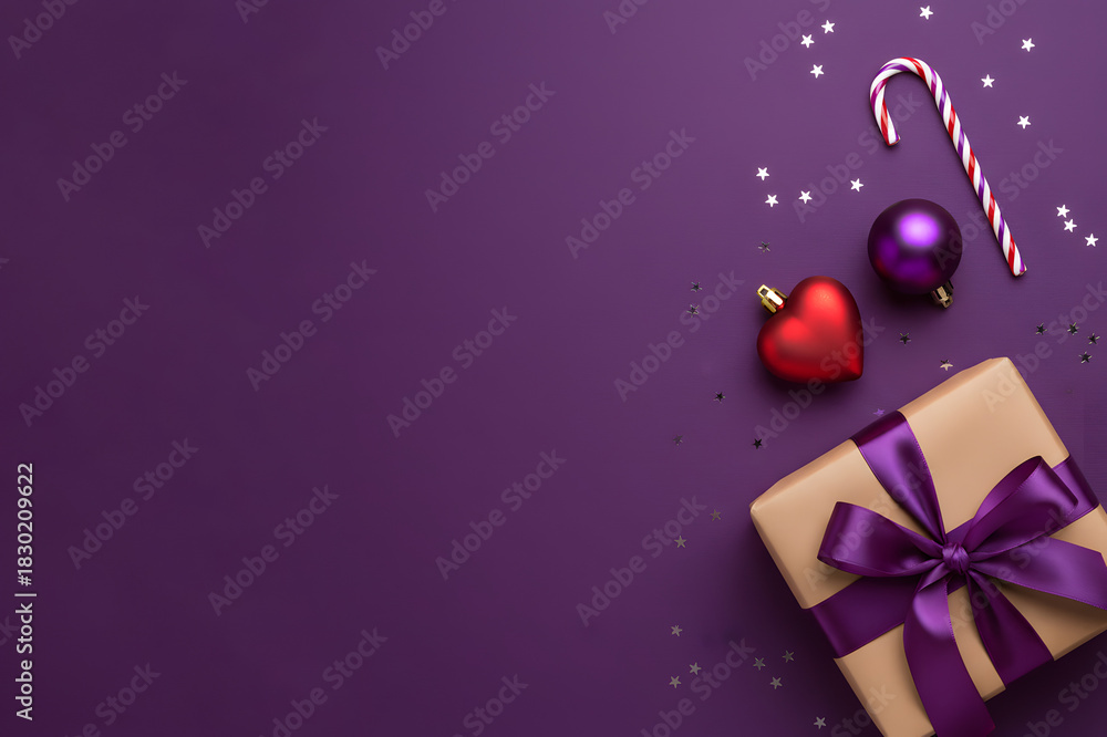 Fototapeta premium Vivid holiday scene featuring wrapped gifts, ornaments and candy canes on a vibrant purple background, capturing festive mood, joy and celebration for Christmas and New Year.