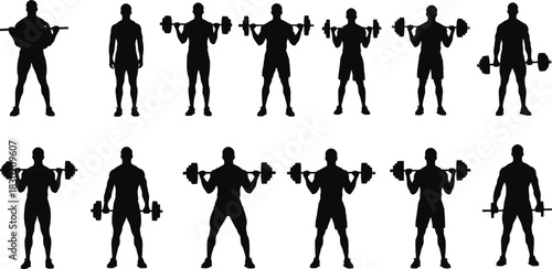 Dumbbell exercise silhouettes, fitness poses, gym illustration, strength training artwork, workout design, bodybuilding silhouettes, athletic artwork, exercise routine, fitness art, health