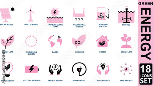 Flat Design Green Energy and Sustainability Icon Set; Renewable Power, Ecology, Net Zero, Solar, Wind, Geothermal, Biofuel, Battery Storage, Eco-Friendly Symbols.