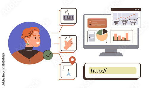 Customer avatar connected with analytics, shopping cart, location pin, payment, and desktop dashboard. Ideal for e-commerce, analytics, shopping, marketing customer journey sales user experience