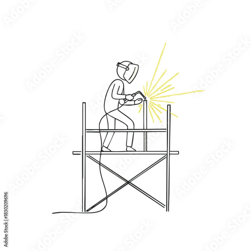 A construction worker uses a welding torch on a scaffold, creating sparks during the metalwork process, in a simple line art style.