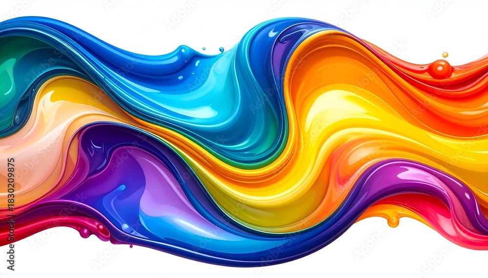 Fototapeta premium Swirling, vibrant, glossy liquid paint streams in rainbow hues against a clean white backdrop