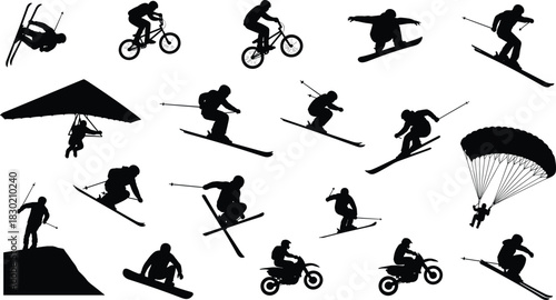Dynamic extreme sports silhouette collection featuring skiing, snowboarding, biking, motorcycling, hang gliding, and parachuting athletes in action on clean white background.